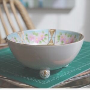 Antique Nippon Hand Painted Porcelain Footed Bowl Pink Floral Gold Gilt Japan
